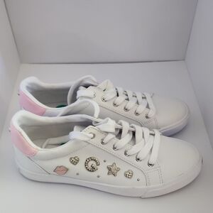 GBG Los Angeles White Sneakers with Pink Heel Accent and Silver Stud Charms